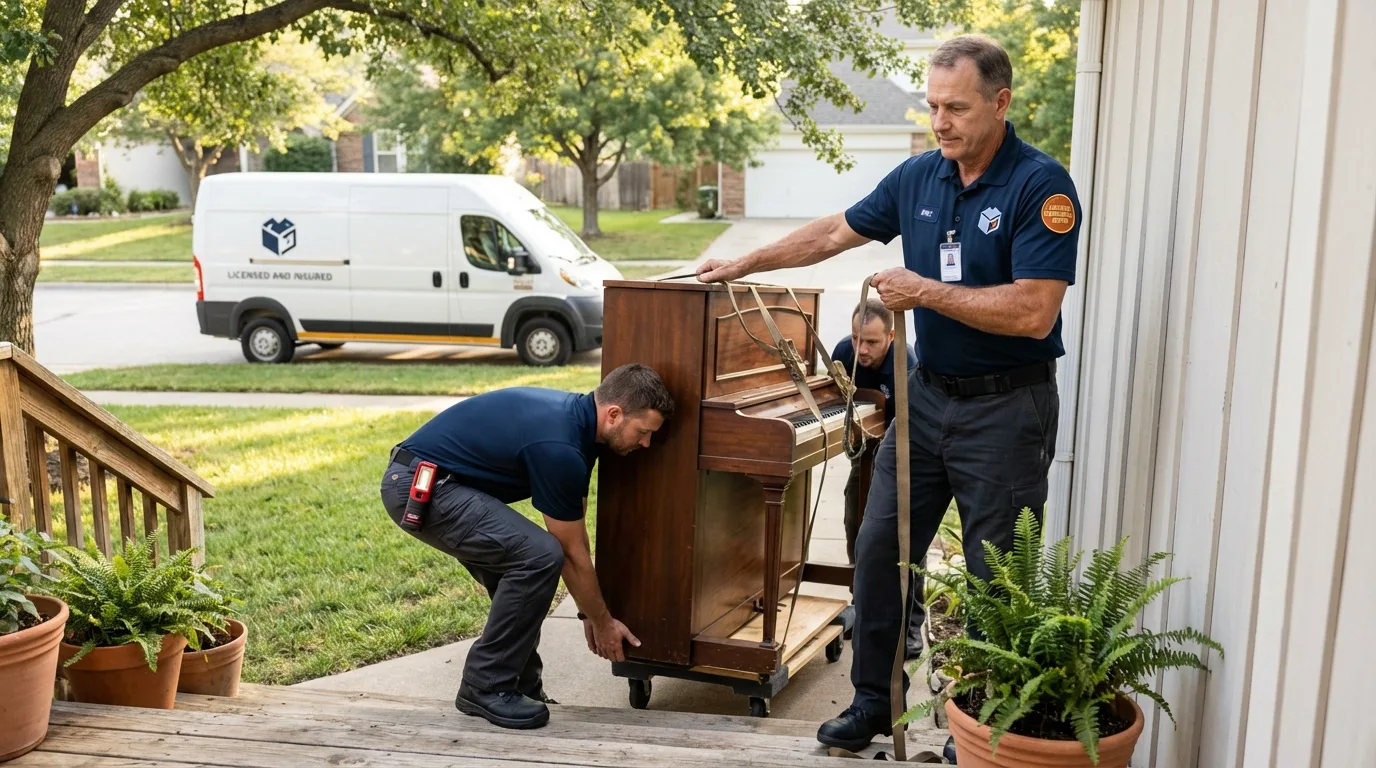 Licensed piano movers securing grand piano in Huntington, WV