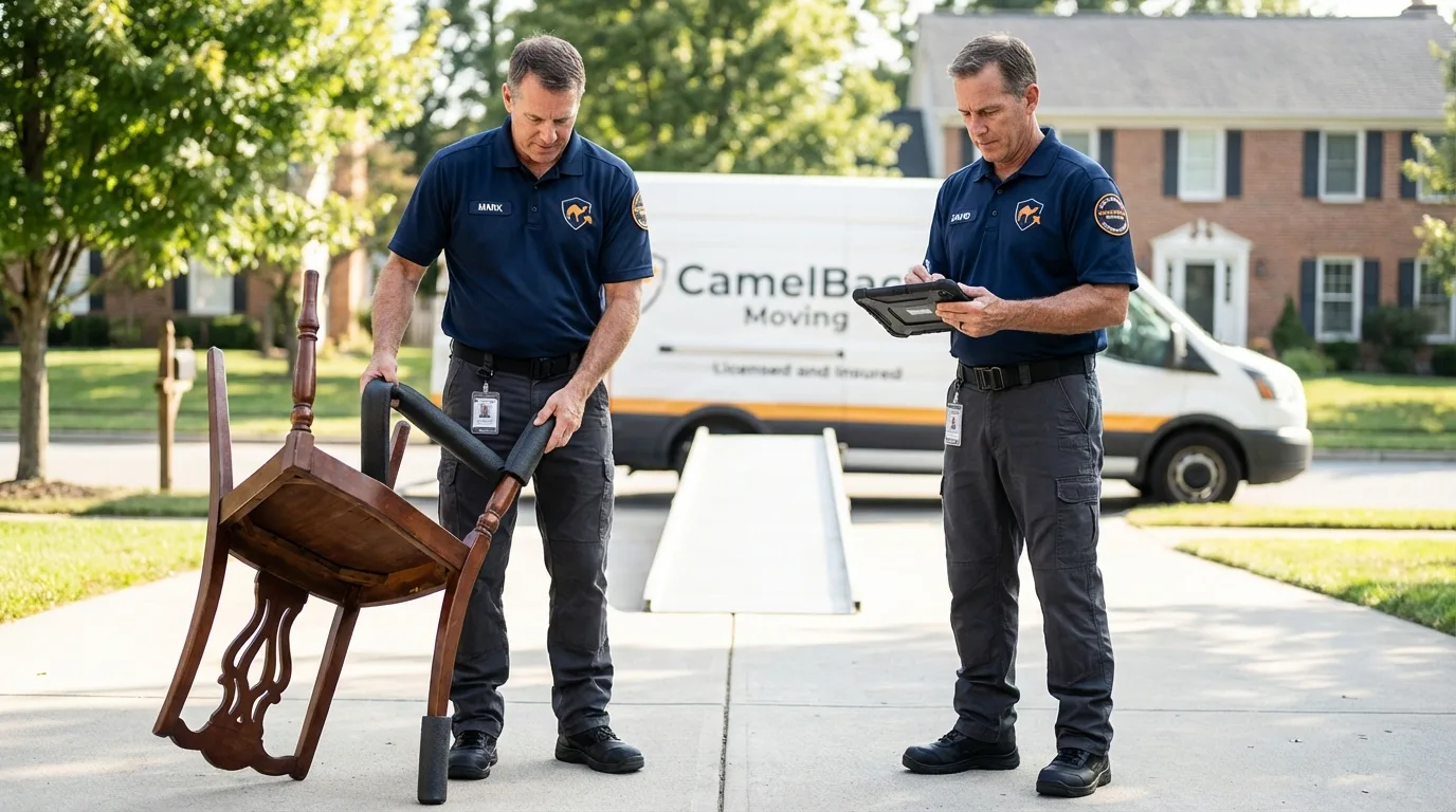 Movers inspecting furniture for damage prevention before loading in Huntington, WV