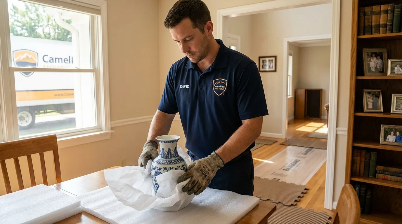Professional crew carefully wrapping antique vase for senior downsizing move in Huntington, WV